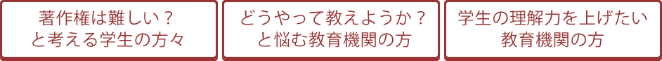 著作権は難しい？と考える学生の方々、どうやって教えようか？と悩む教育機関の方、学生の理解力を上げたい
教育機関の方