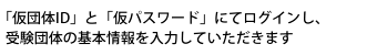 「仮団体ID」と「仮パスワード」にてログインし、受験団体の基本情報を入力していただきます