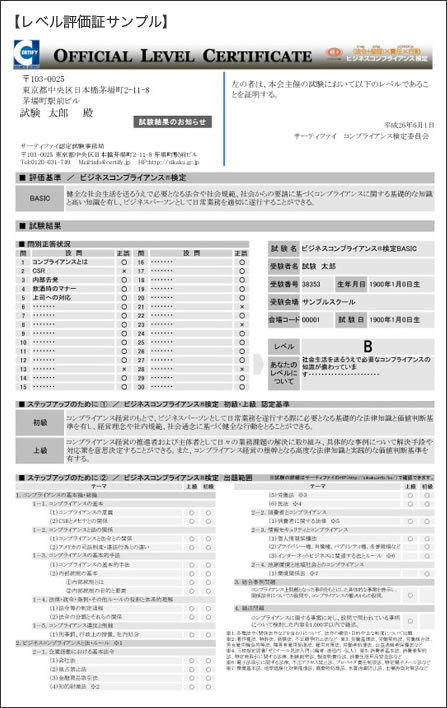 レベル評価証サンプル